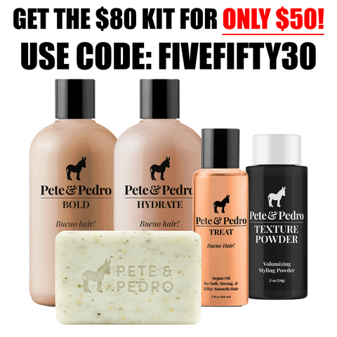 Pete & Pedro hair care product set with promotional text for a discount offer.