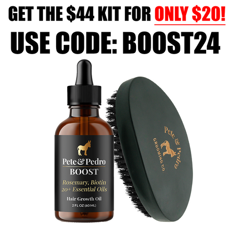 Pete & Pedro Boost Hair Growth Oil in an amber glass dropper bottle next to a dark green oval grooming brush with black bristles, on a white background with promotional text at the top.
