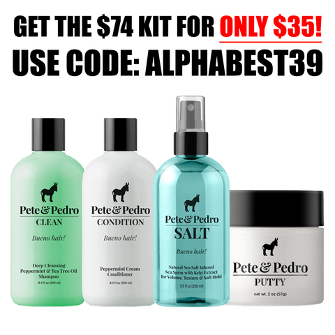 Pete & Pedro grooming product set with promotional text for a kit offer.