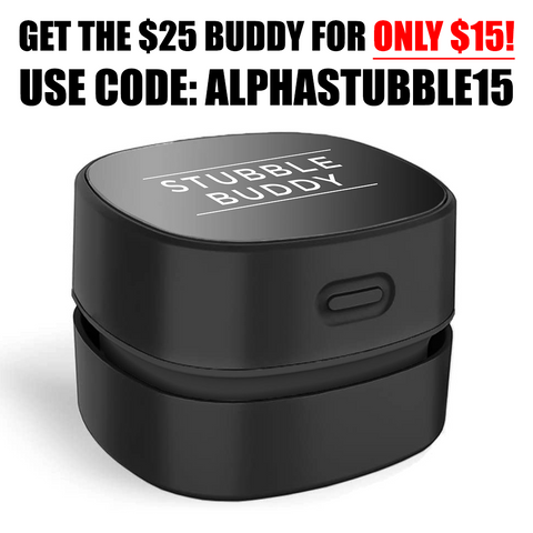 Black 'Stubble Buddy' device with promotional text on a white background