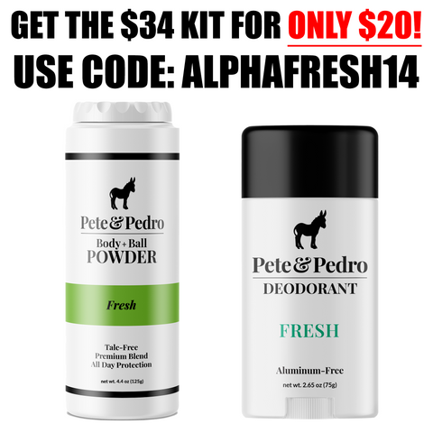 Pete & Pedro body powder and deodorant with promotional text on a white background