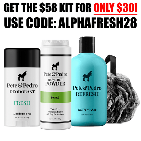 Pete & Pedro personal care products with promotional text and code on a white background