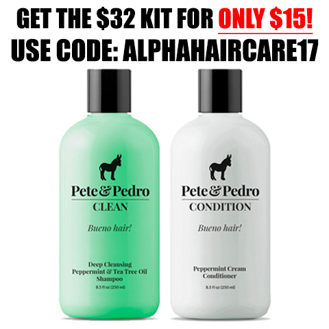 Two bottles of Pete & Pedro hair care products with promotional text overlay.