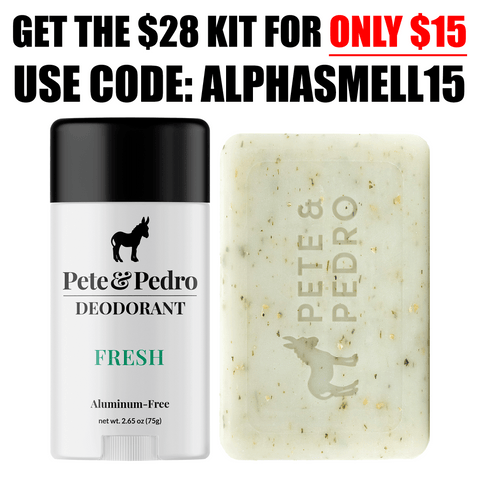 Pete & Pedro deodorant stick and soap bar with promotional text on a white background