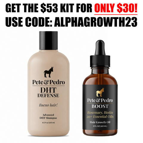 Two bottles of Pete & Pedro hair care products on a white background: a beige bottle of DHT Defense shampoo and an amber dropper bottle of Boost hair growth oil, with promotional text at the top.