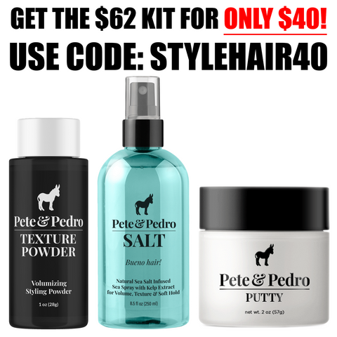 Pete & Pedro hair care products with promotional text and code on a white background