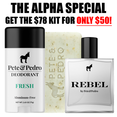 Pete & Pedro deodorant, soap, and perfume with promotional text on a white background