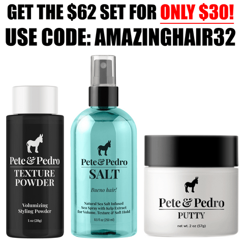 Pete & Pedro hair care products with promotional text on a white background