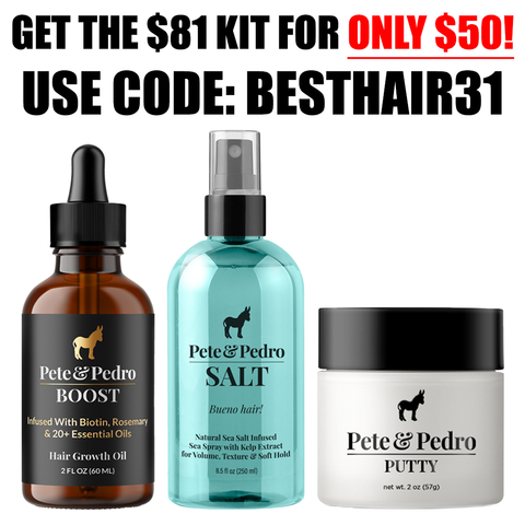 Pete & Pedro hair care product set with promotional text on a white background