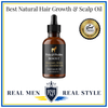 Pete & Pedro Boost Hair Growth Oil in an amber glass dropper bottle with a black label, set against a white background with blue borders. The image includes promotional text 'Best Natural Hair Growth & Scalp Oil' and a gold 'Best Choice' badge.
