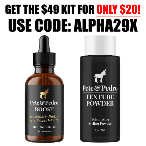 promotional image of Boost hair & beard growth oil with texture powder and deal information text