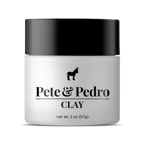 A white plastic jar of Pete & Pedro Clay with a black screw-on lid, shown against a plain white background.