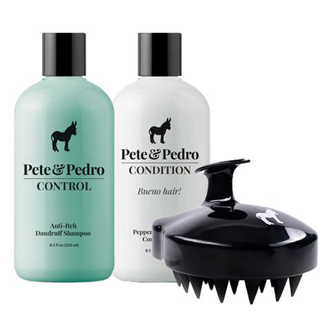 Pete & Pedro grooming set featuring a mint green shampoo bottle, a white conditioner bottle, and a black shedding brush, displayed on a clean white background.