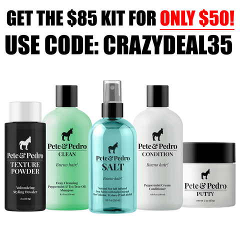 Pete & Pedro hair care product set with promotional text for a kit offer.