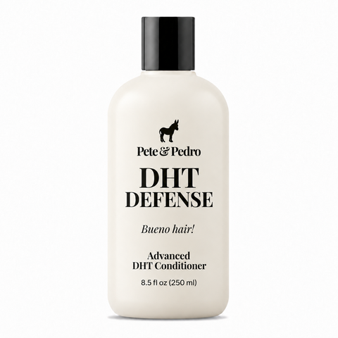 A bottle of Pete & Pedro DHT Defense Advanced DHT Conditioner, 8.5 fl oz (250 ml), featuring an off-white bottle with a black cap and black text on a white background.