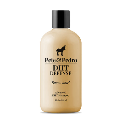 A bottle of Pete & Pedro DHT Defense shampoo with a beige body and a black cap, shown on a clean white background.