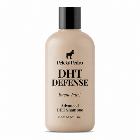 A bottle of Pete & Pedro DHT Defense shampoo with a beige body and a black cap, shown on a plain white background.