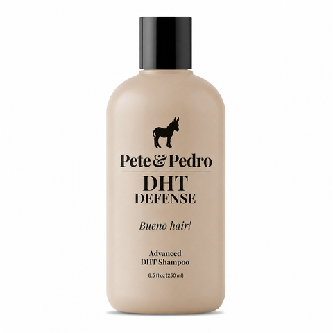 A bottle of Pete & Pedro DHT Defense shampoo with a beige body and a black cap, shown on a plain white background.