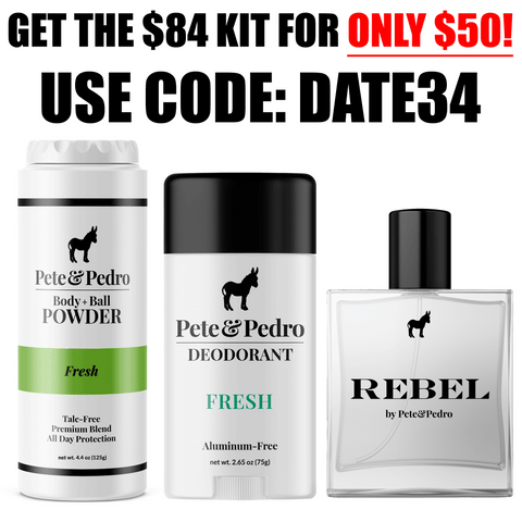 Pete & Pedro grooming products including body powder, deodorant, and perfume with promotional text.