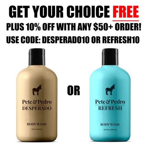 Two bottles of Pete & Pedro body wash, one gold and one blue, with promotional text overlay.