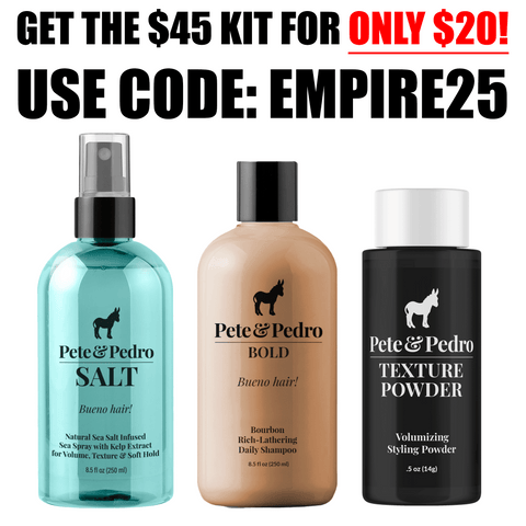 Three Pete & Pedro hair care products with promotional text overlay.