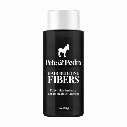 A black bottle of Pete & Pedro Hair Building Fibers with a white cap, centered on a plain white background.