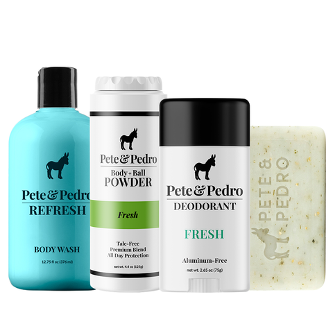 Pete & Pedro grooming products including body wash, powder, deodorant, and soap on a white background