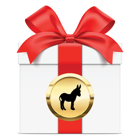 White gift box with a red ribbon and gold emblem featuring a donkey silhouette on a white background