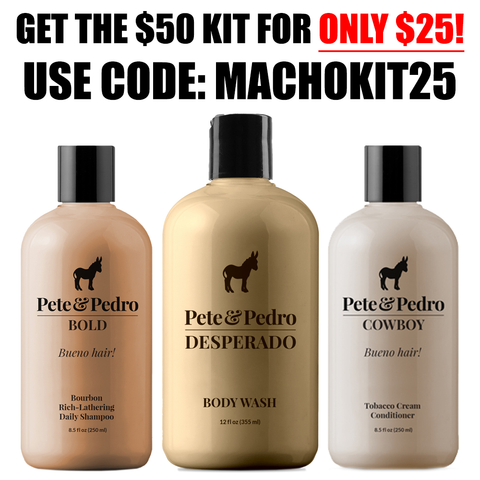 Three bottles of Pete & Pedro products with a promotional offer on a white background.