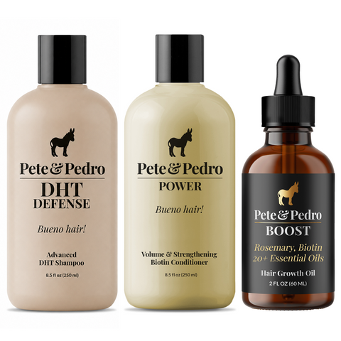Three Pete & Pedro hair care products on a white background: a beige shampoo bottle, a pale yellow conditioner bottle, and an amber dropper oil bottle with a black label.