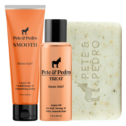 Pete & Pedro hair care products including a tube, bottle, and bar on a white background