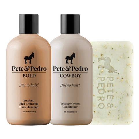 Pete & Pedro shampoo, conditioner, and soap on a white background