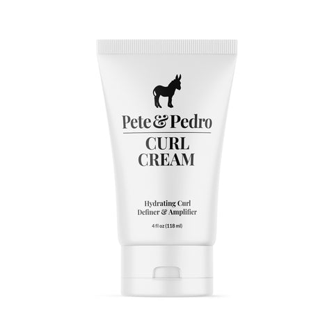 A white squeeze tube of Pete & Pedro Curl Cream with black text and a donkey logo, centered on a plain white background.