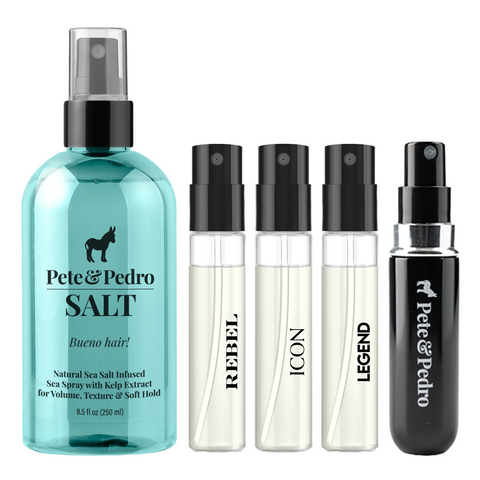 Pete & Pedro Salt sea spray bottle in translucent aqua blue with four matching sample spray vials in black and clear, shown on a white background.