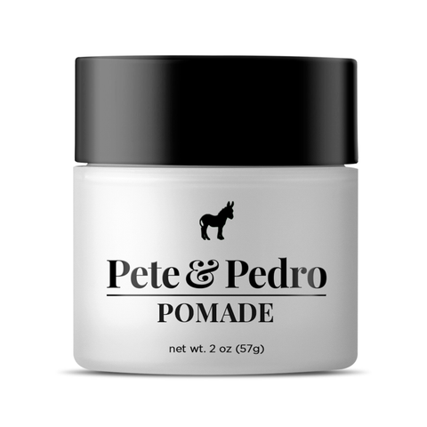 A 2 oz jar of Pete & Pedro Pomade with a black lid and a white body, featuring a black donkey logo and text on a clean white background.