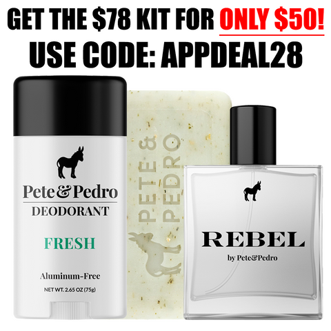 Pete & Pedro deodorant, soap, and perfume with promotional text on a white background