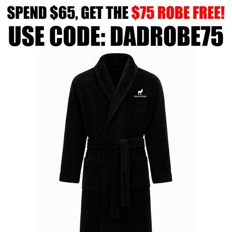 Black robe with a brand logo on a white background, promotional text overlay.