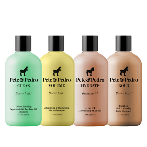 Four bottles of Pete & Pedro shampoo with different colors and labels on a white background.