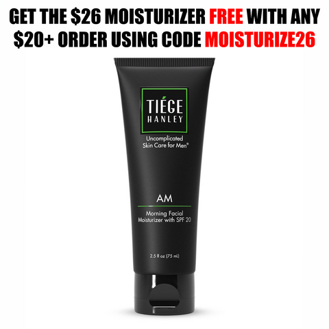 A black tube of Tíegé Hanley AM Morning Facial Moisturizer with SPF 20 centered on a white background, with promotional text at the top offering a $26 moisturizer free with any $20+ order using code Moisturize26.