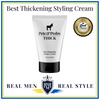 A white squeeze tube of Pete & Pedro Thick Hair Thickening Texture Cream with a black cap, centered on a white background with blue border lines. Text at the top reads 'Best Thickening Styling Cream' and the bottom reads 'REAL MEN REAL STYLE' with an RSSM logo.