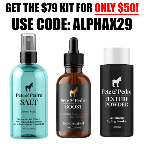 Three Pete & Pedro hair care products with promotional text for a discount offer.