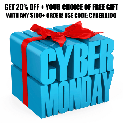 Blue 'CYBER MONDAY' gift box with a red ribbon and promotional text for a discount offer.